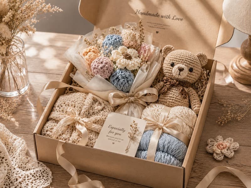 Hộp quà handmade từ len và hoa len tại Tiệm Len Nhà Tiny