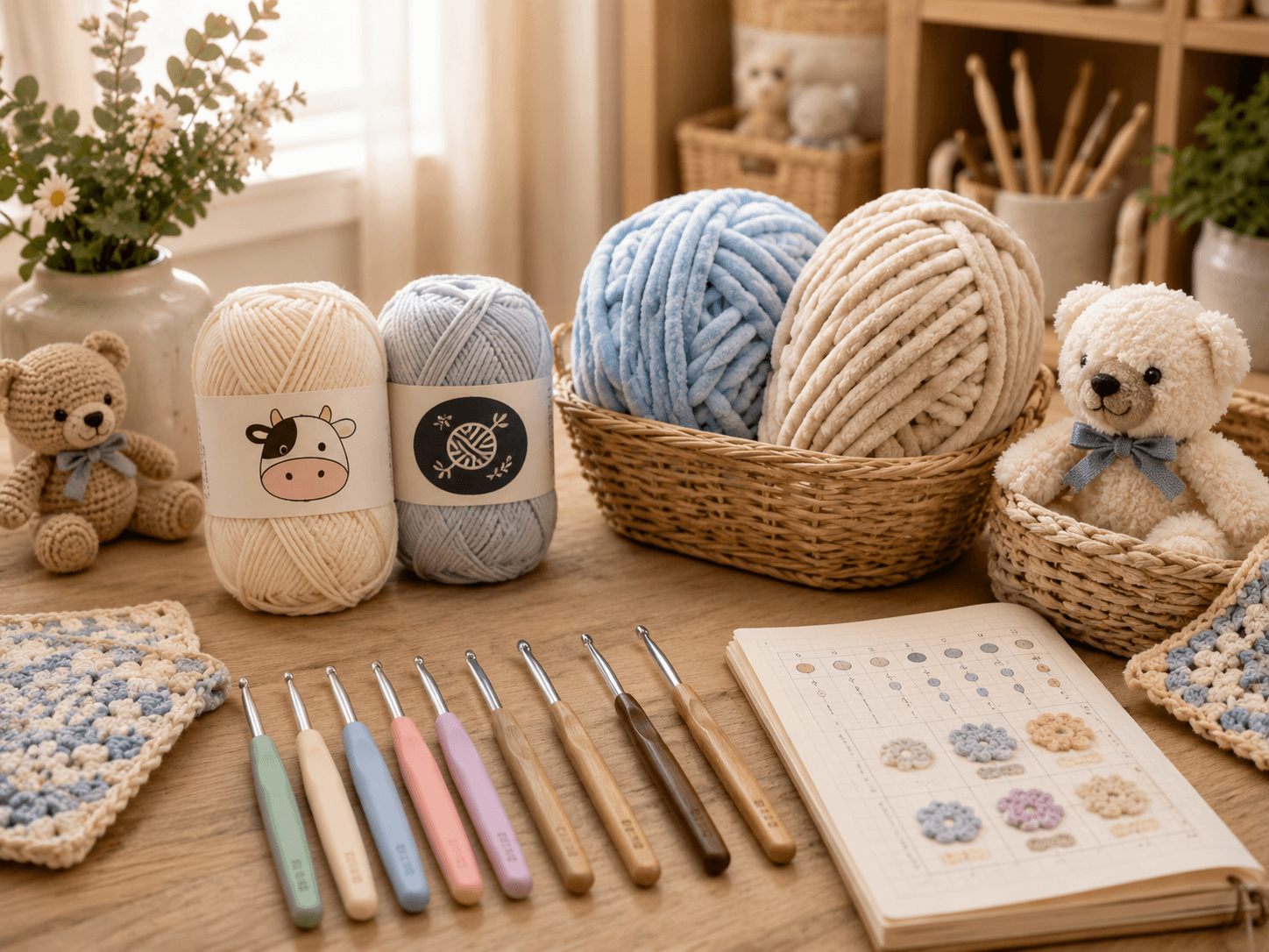 Len sợi và kim móc tại Tiệm Len Nhà Tiny